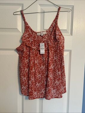 LOFT Red Floral Ruffle-Trim Spaghetti Strap Camisole
